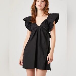 Black Poplin Ruffled Babydoll Dress. Size Medium